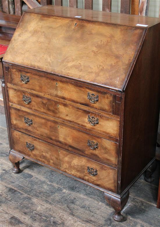 1930s banded walnut bureau on short front cabriole legs